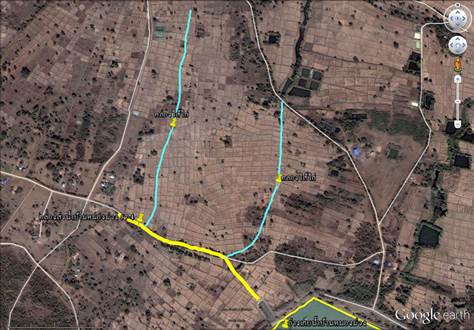 Nongmuang klong (yellow) will transport water from existing reservoir of 200 rai (bottom right of page) and connect with two ' feeder channels (blue).